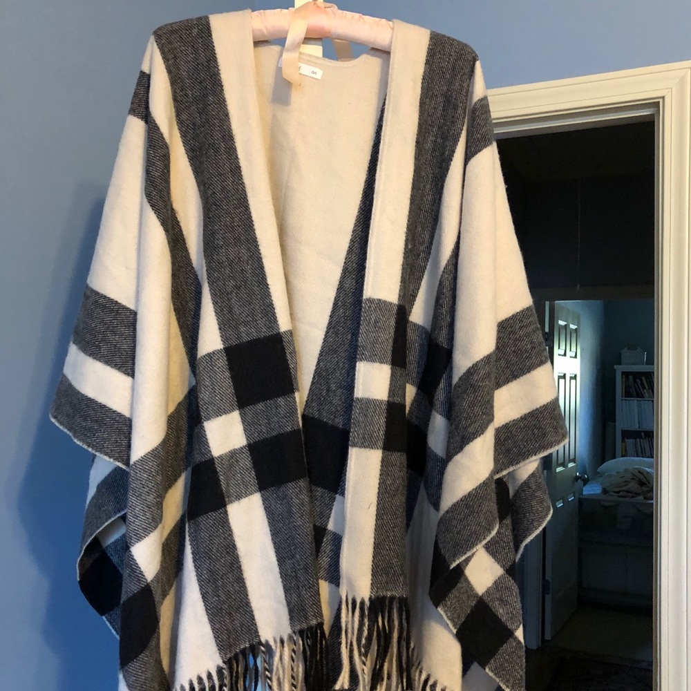 Cozy plaid and cream poncho